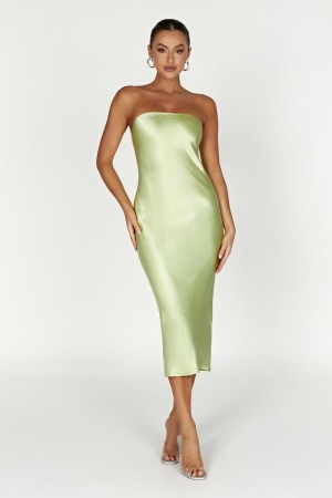 Women's Meshki Tyler Strapless Satin Midi Dress Green Australia | A2D-4728