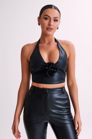 Women's Meshki Ursla Faux Leather Rose Halter Tops Black Australia | H4X-1788