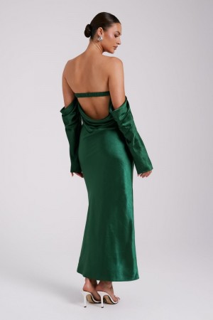 Women's Meshki Vee Off Shoulder Satin Midi Dress Green Australia | X6N-5442