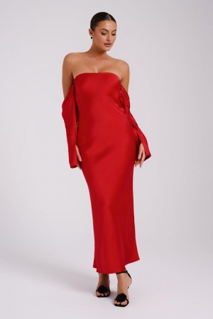 Women's Meshki Vee Off Shoulder Satin Midi Dress Red Australia | V5N-8235