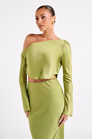 Women's Meshki Violeta One Shoulder Satin Tops Green Australia | U0U-6354