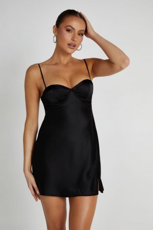 Women's Meshki Zahli Top Stitch Satin Mini Dress Black Australia | V0X-4012