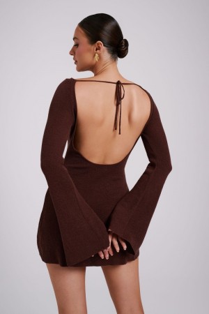 Women's Meshki Zahra Long Sleeve Open Back Knit Mini Dress Dark Chocolate Australia | Z2R-1581