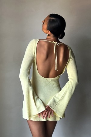 Women's Meshki Zahra Long Sleeve Open Back Knit Mini Dress Lemon Australia | C6Q-5321