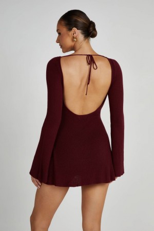 Women's Meshki Zahra Long Sleeve Open Back Knit Mini Dress Burgundy Australia | A3O-4581