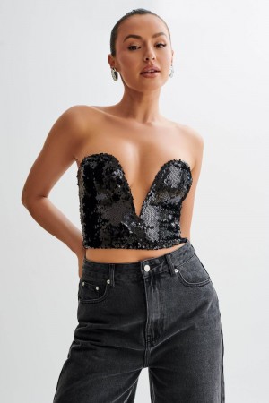 Women's Meshki Zariah Strapless Sequin V Corset Black Australia | R3D-7715