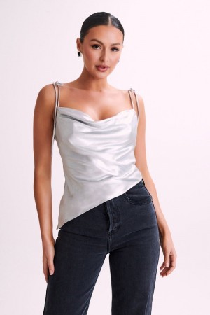 Women's Meshki Zavani Asymmetrical Satin Camisole Silver Australia | W5O-0099