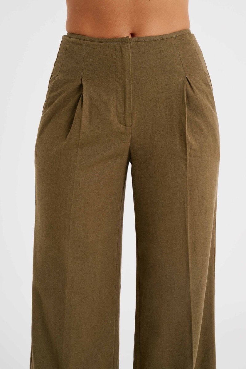 Women's Meshki Adina Linen Pants Olive Australia | J3E-6856