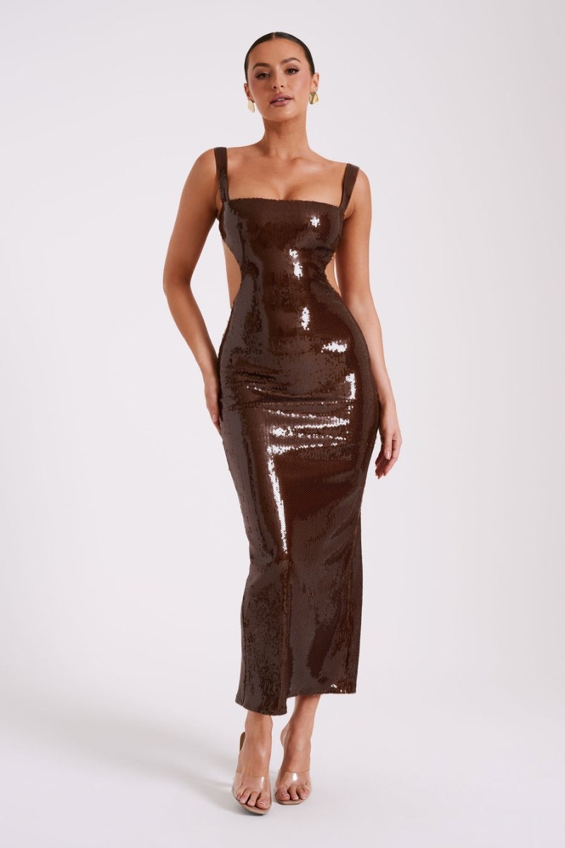 Women's Meshki Adoria Sequin Cut Out Maxi Dress Chocolate Australia | J1H-5354