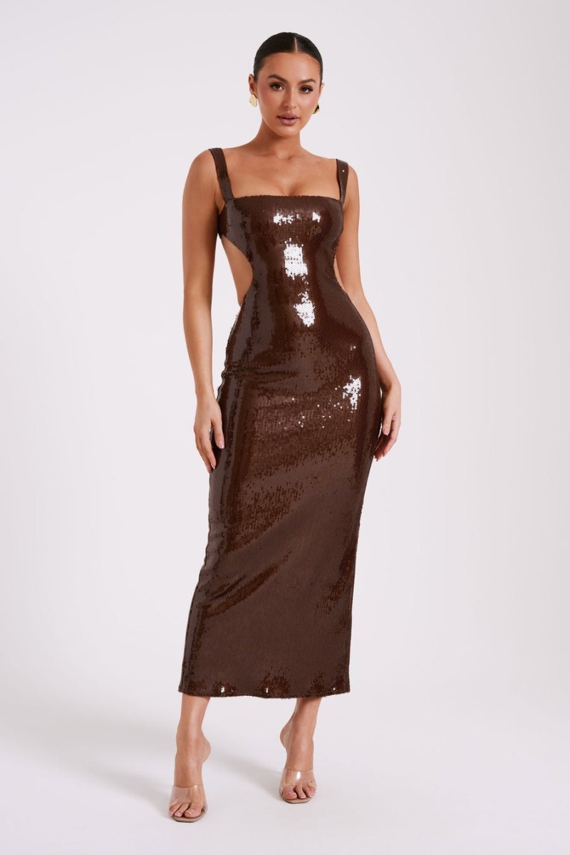 Women's Meshki Adoria Sequin Cut Out Maxi Dress Chocolate Australia | J1H-5354