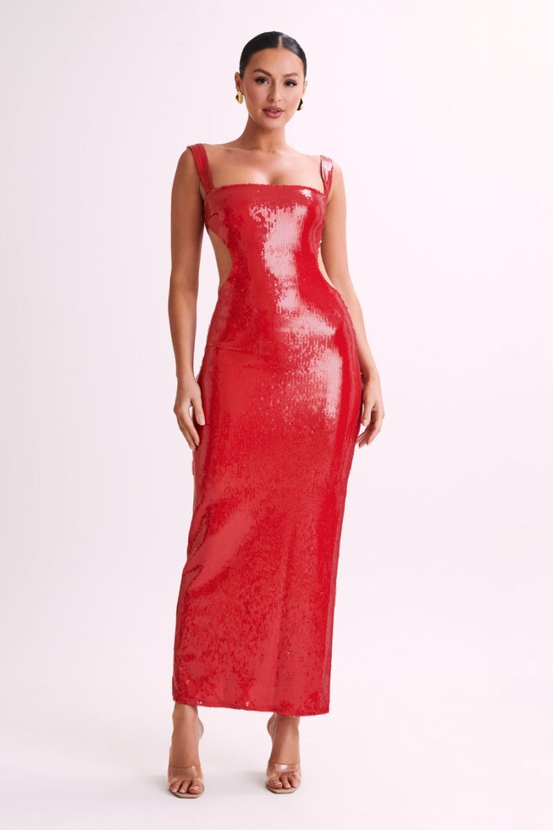 Women's Meshki Adoria Sequin Cut Out Maxi Dress Red Australia | P2D-9351