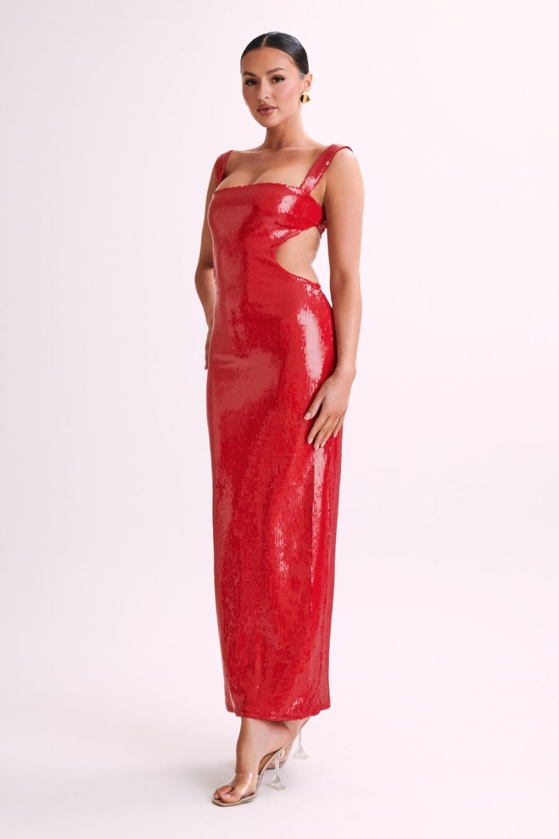 Women's Meshki Adoria Sequin Cut Out Maxi Dress Red Australia | P2D-9351