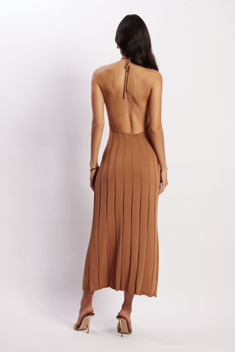 Women's Meshki Adrienne Halter Neck Midi Dress Brown Australia | E7H-7128