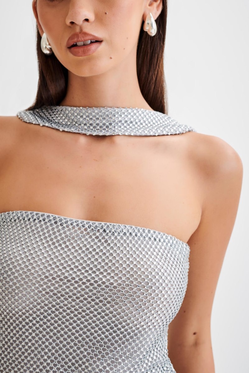 Women's Meshki Agnes Diamante Mesh Halter Tops Silver Australia | N5D-3206