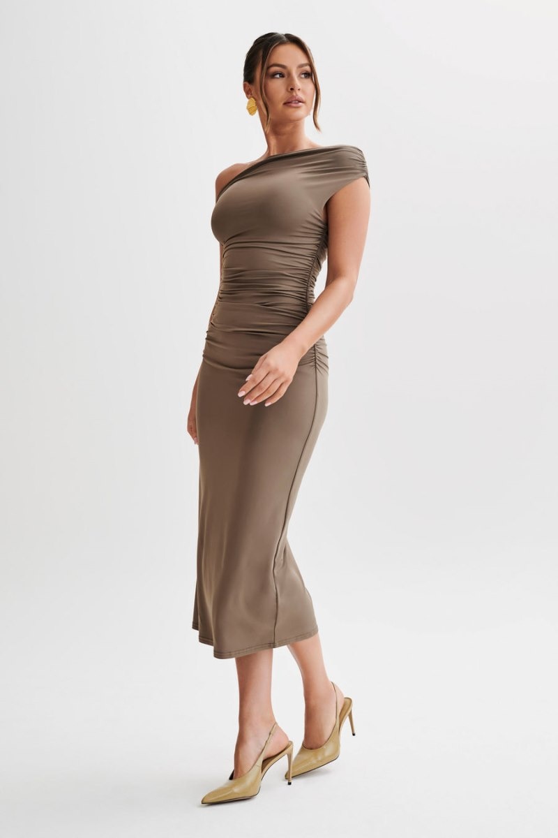 Women's Meshki Alayna Recycled Nylon Midi Dress Chocolate Australia | S1M-0476