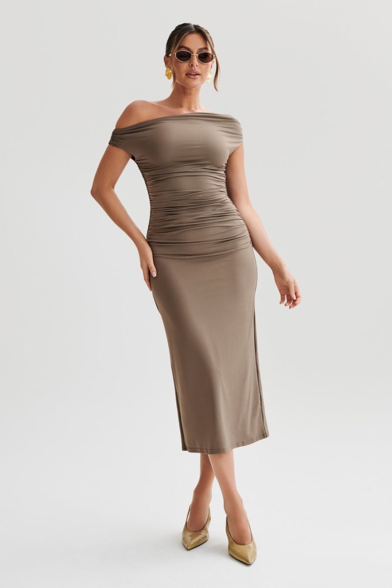 Women's Meshki Alayna Recycled Nylon Midi Dress Chocolate Australia | S1M-0476