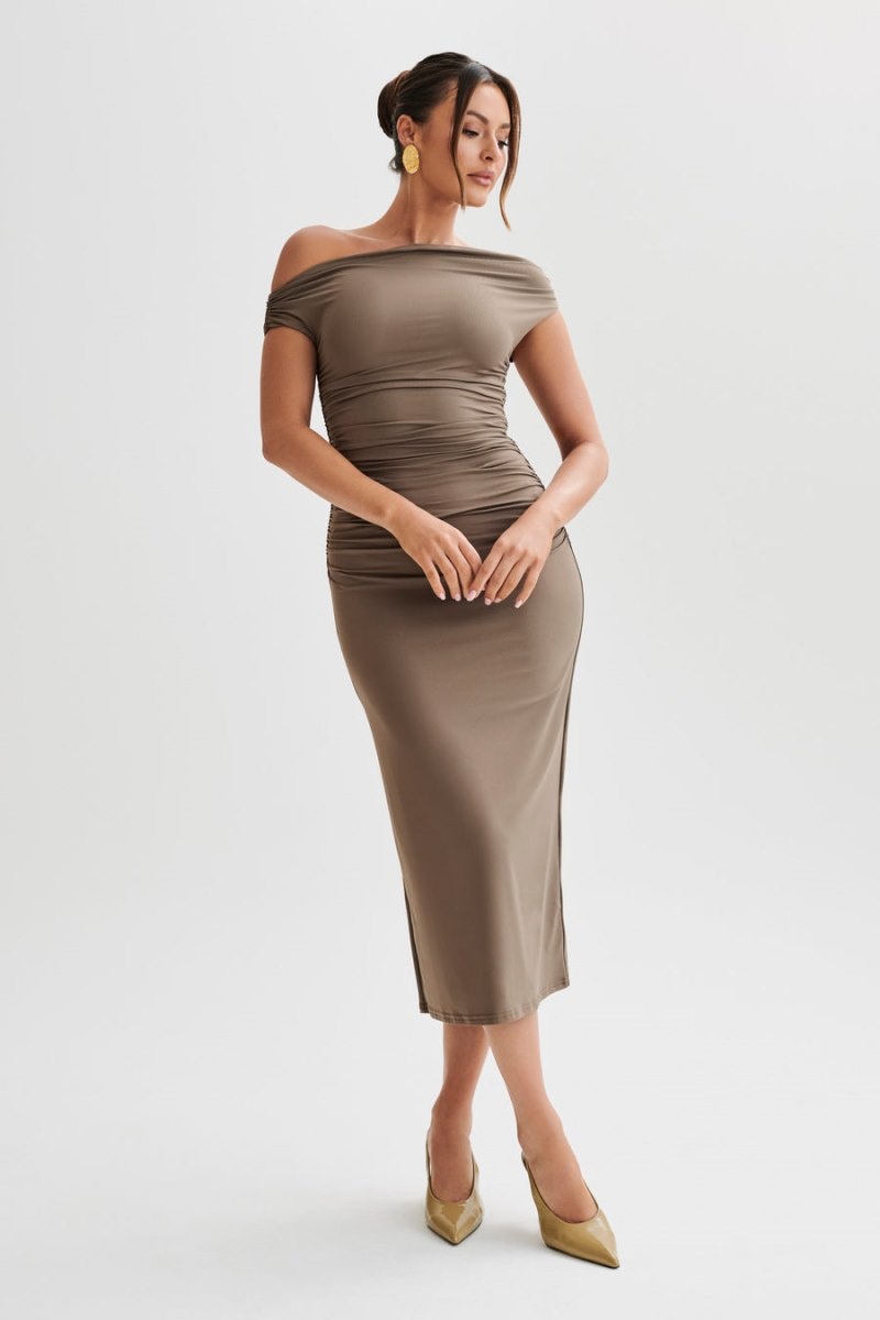 Women's Meshki Alayna Recycled Nylon Midi Dress Chocolate Australia | S1M-0476