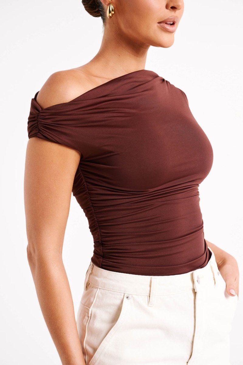 Women's Meshki Alayna Recycled Nylon Ruched Tops Chocolate Australia | S6T-4097