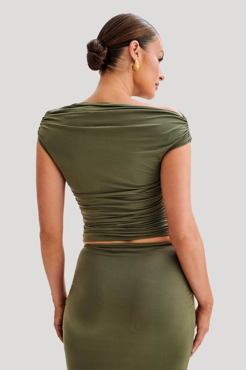 Women's Meshki Alayna Slinky Ruched Tops Olive Australia | B8E-1468