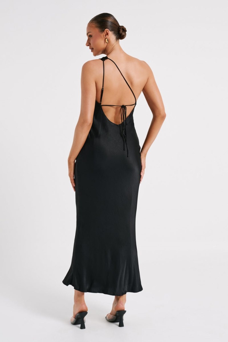 Women's Meshki Alejandra One Shoulder Satin Maxi Dress Black Australia | V2B-7410