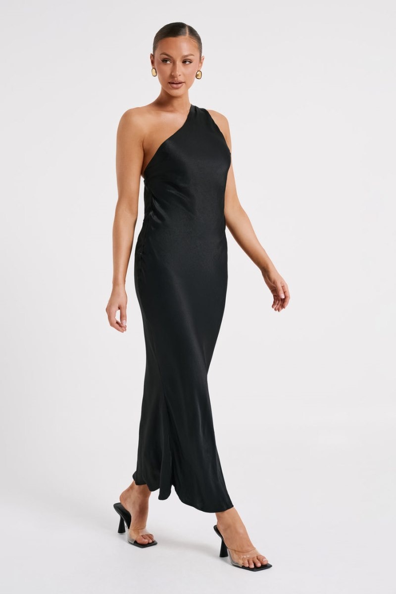 Women's Meshki Alejandra One Shoulder Satin Maxi Dress Black Australia | V2B-7410