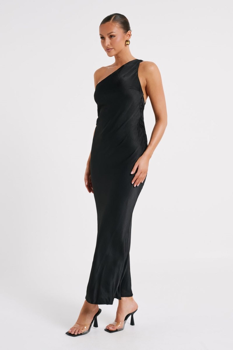 Women's Meshki Alejandra One Shoulder Satin Maxi Dress Black Australia | V2B-7410