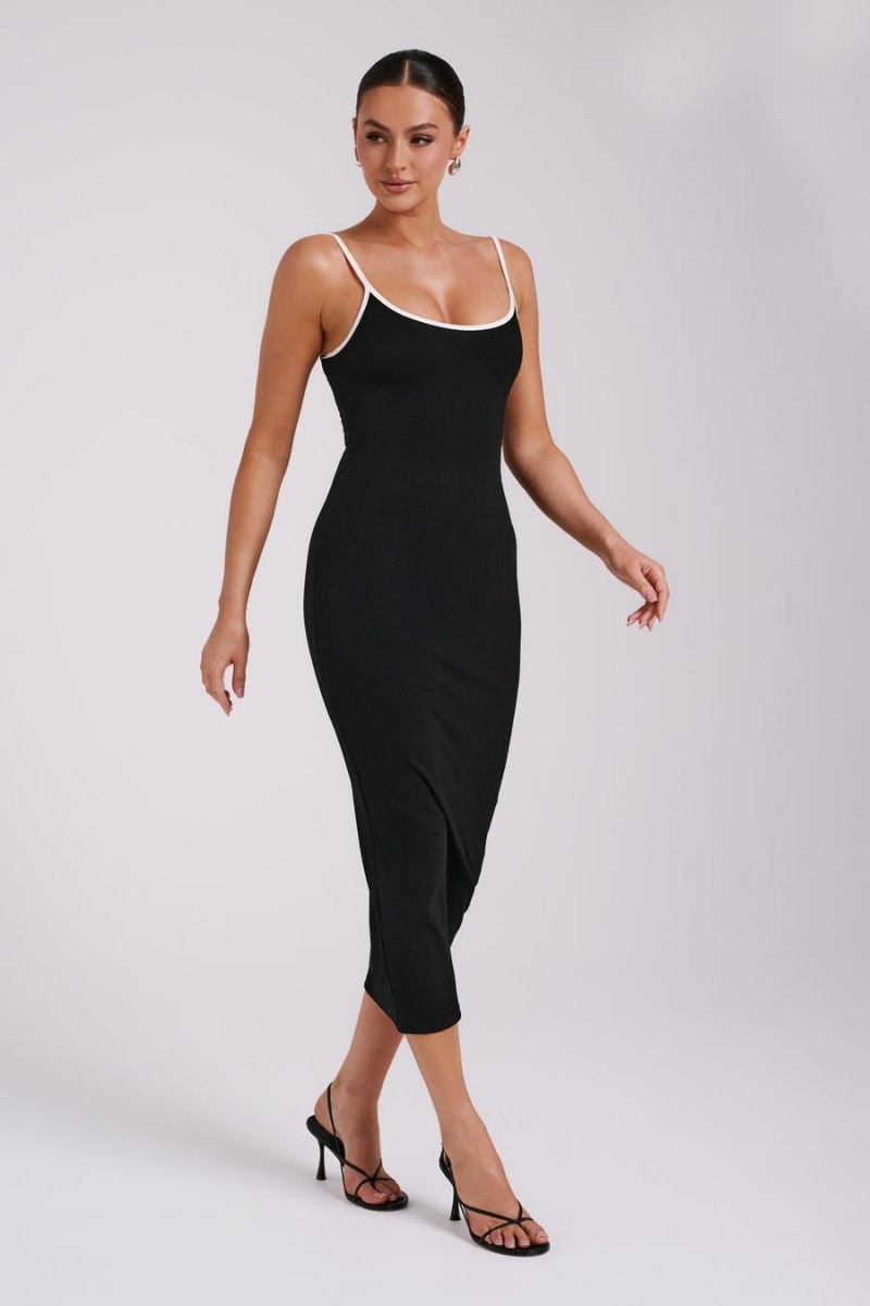 Women's Meshki Alexis Ribbed Contrast Midi Dress Black / White Australia | K9Q-9029