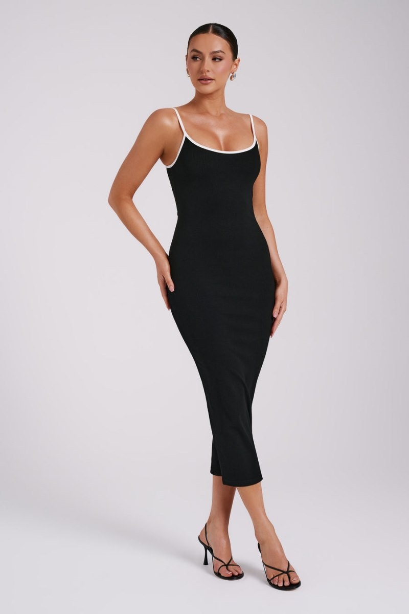 Women's Meshki Alexis Ribbed Contrast Midi Dress Black / White Australia | K9Q-9029