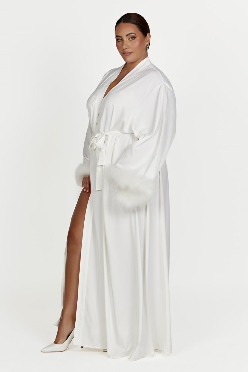 Women's Meshki Amalia Satin Feather Trim Robe White Australia | A1Z-8360