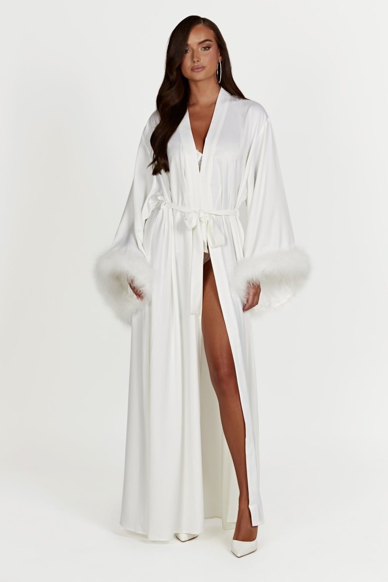 Women\'s Meshki Amalia Satin Feather Trim Robe White Australia | A1Z-8360