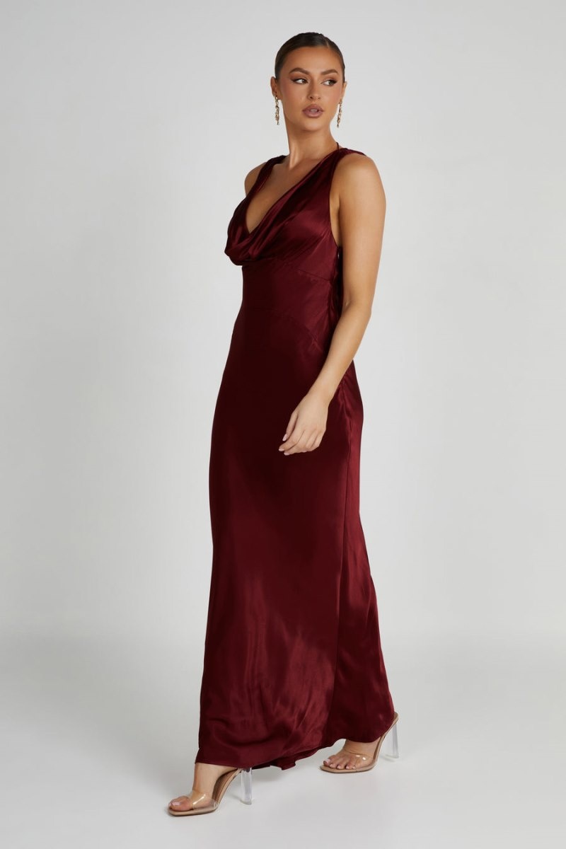 Women's Meshki Angelique Satin Cowl Back Maxi Dress Burgundy Australia | K3M-2993