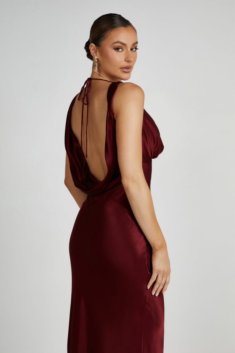 Women's Meshki Angelique Satin Cowl Back Maxi Dress Burgundy Australia | K3M-2993