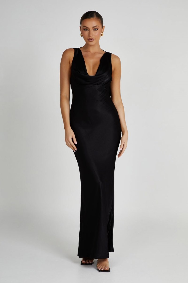 Women's Meshki Angelique Satin Cowl Back Maxi Dress Black Australia | O0D-0087