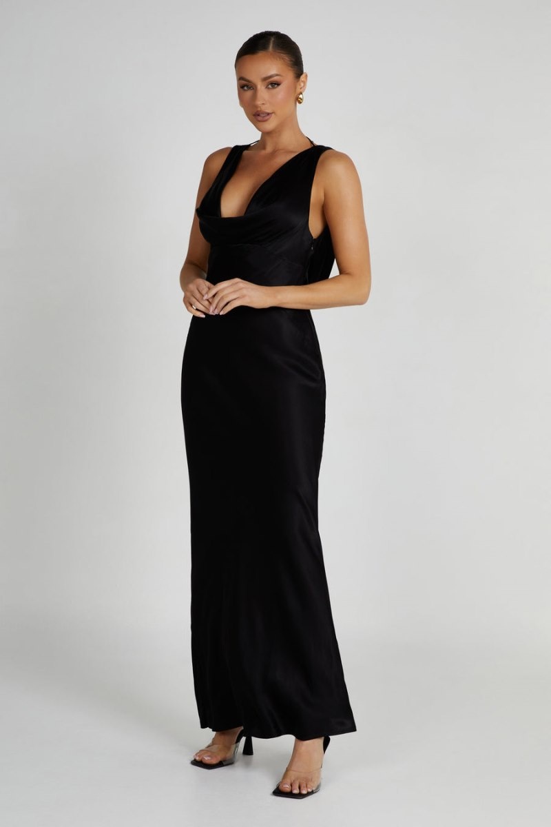 Women's Meshki Angelique Satin Cowl Back Maxi Dress Black Australia | O0D-0087