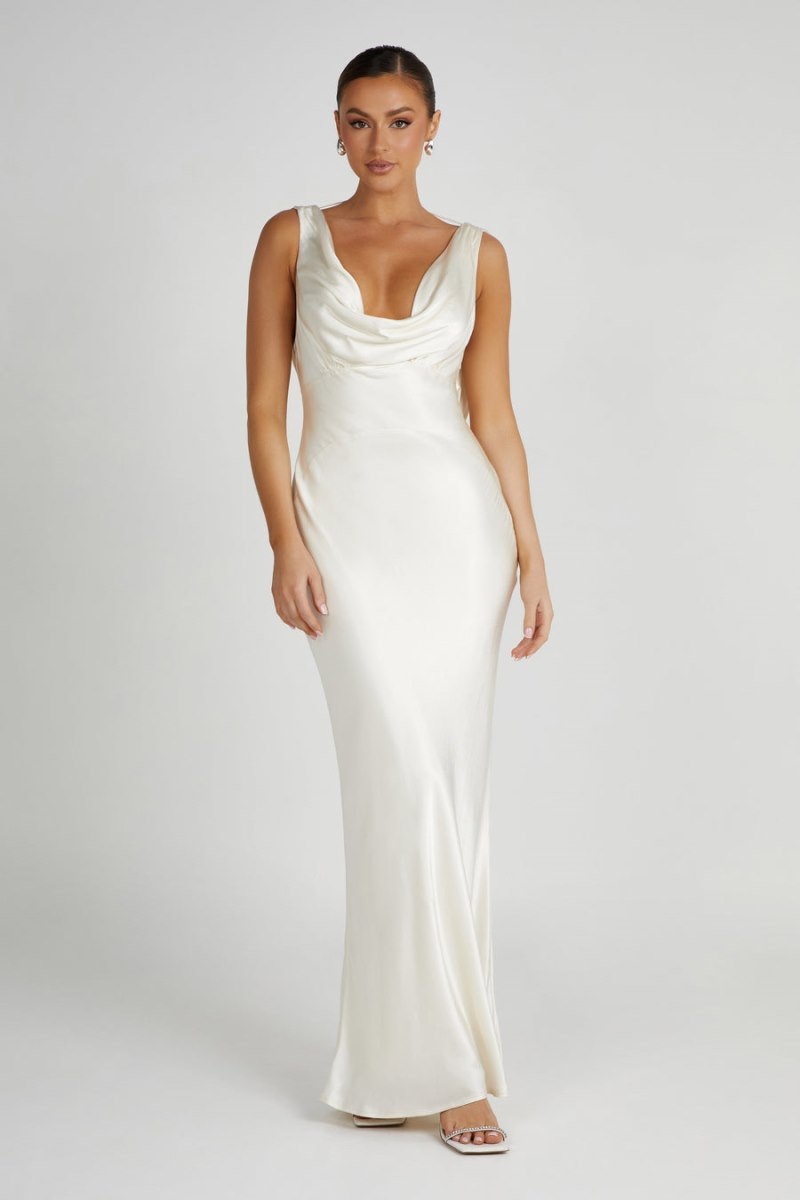 Women's Meshki Angelique Satin Cowl Back Maxi Dress White Australia | F1I-5613