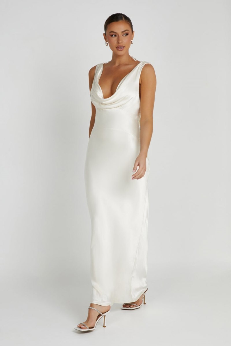 Women's Meshki Angelique Satin Cowl Back Maxi Dress White Australia | F1I-5613