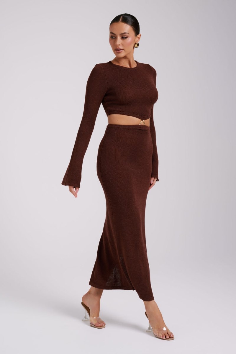 Women's Meshki Anna Flare Sleeve Knit Midi Dress Chocolate Australia | Q1X-5834