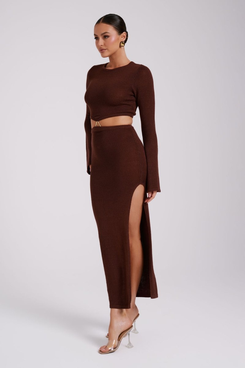 Women's Meshki Anna Flare Sleeve Knit Midi Dress Chocolate Australia | Q1X-5834