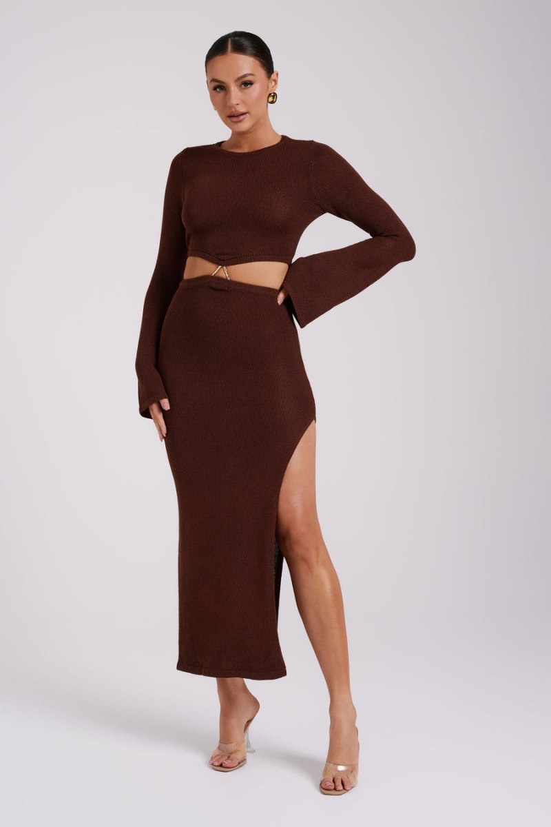 Women's Meshki Anna Flare Sleeve Knit Midi Dress Chocolate Australia | Q1X-5834