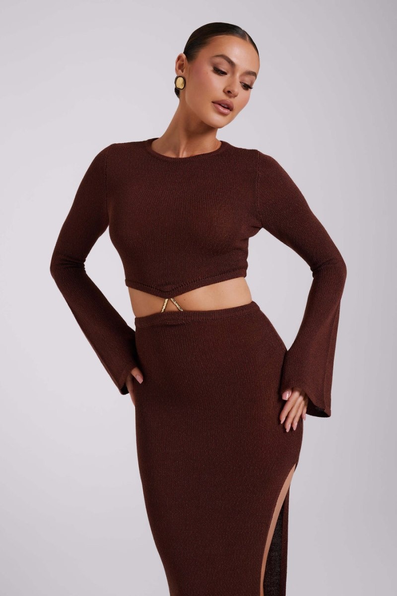 Women's Meshki Anna Flare Sleeve Knit Midi Dress Chocolate Australia | Q1X-5834