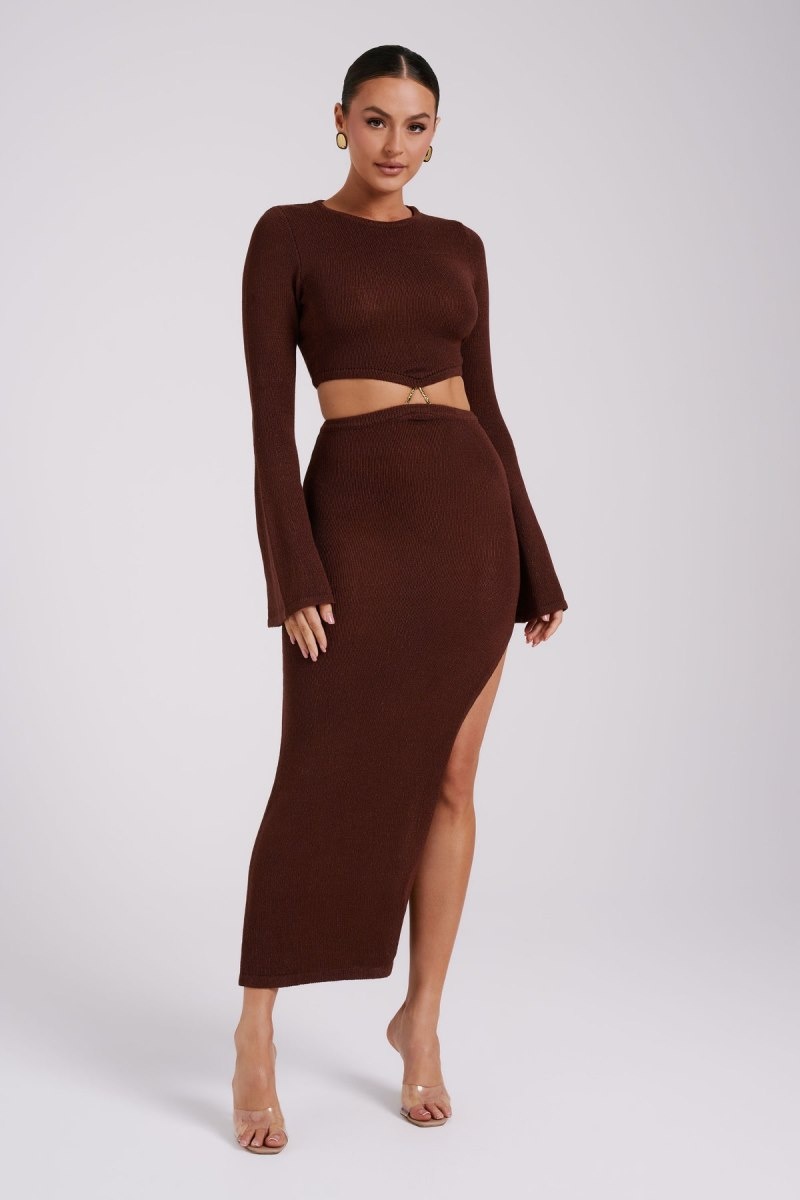 Women\'s Meshki Anna Flare Sleeve Knit Midi Dress Chocolate Australia | Q1X-5834