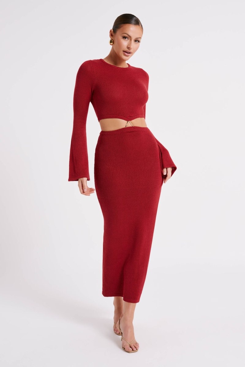 Women's Meshki Anna Flare Sleeve Knit Midi Dress Dark Red Australia | Q4G-6482