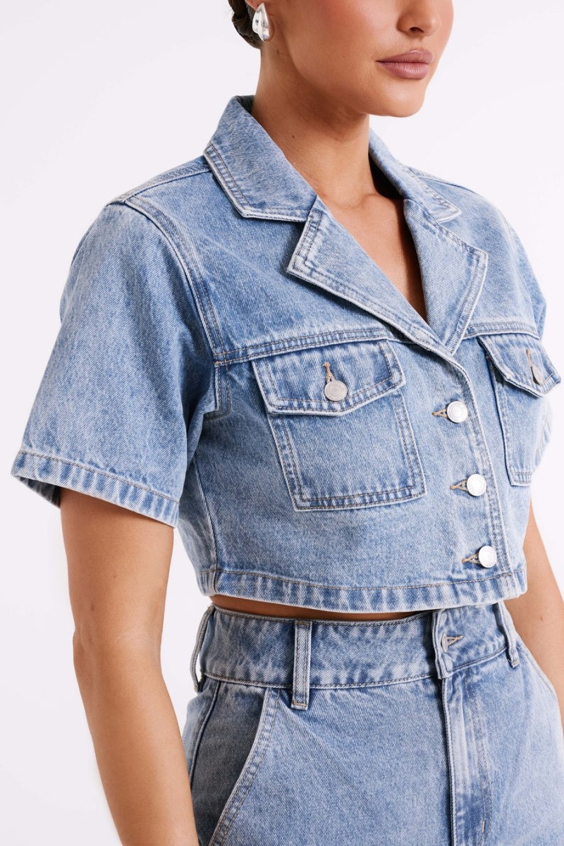 Women's Meshki Annabelle Denim Crop Shirts Blue Australia | O6G-8754