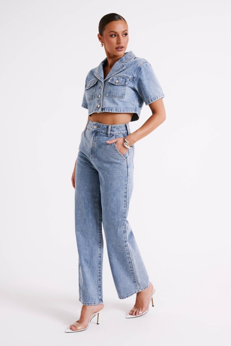 Women's Meshki Annabelle Denim Crop Shirts Blue Australia | O6G-8754