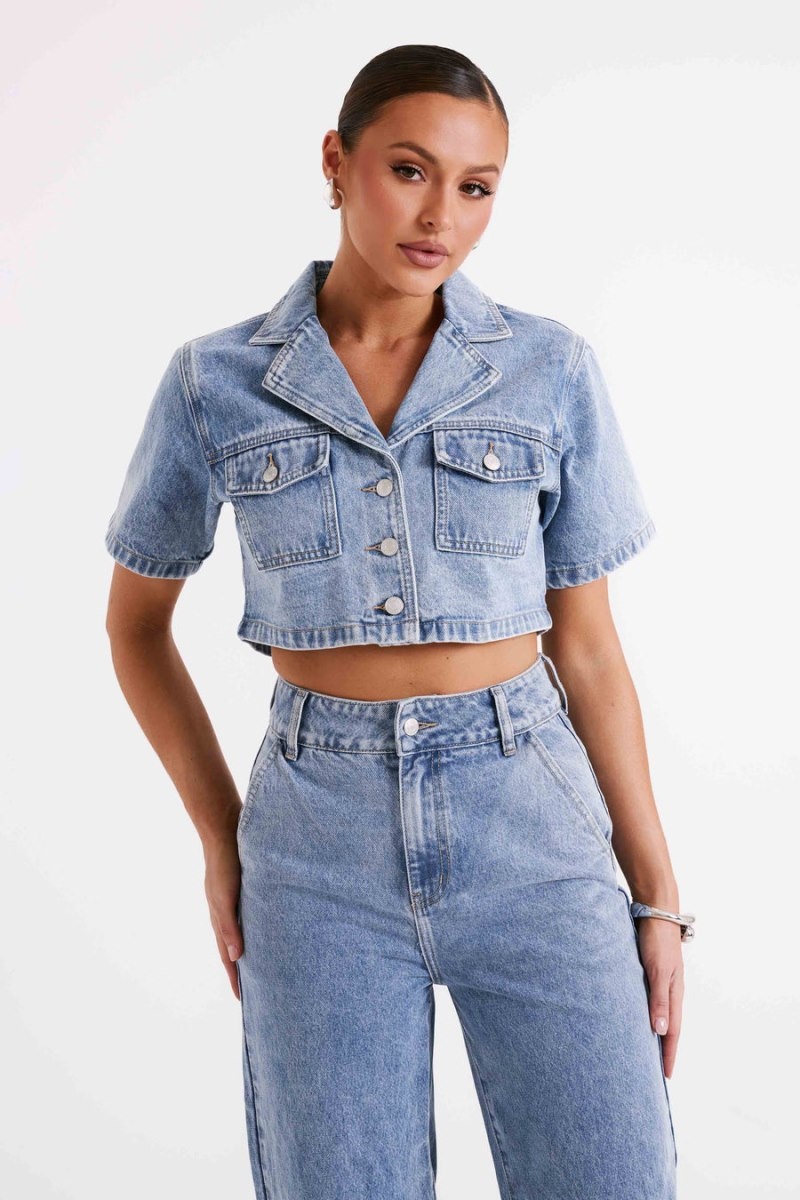 Women's Meshki Annabelle Denim Crop Shirts Blue Australia | O6G-8754