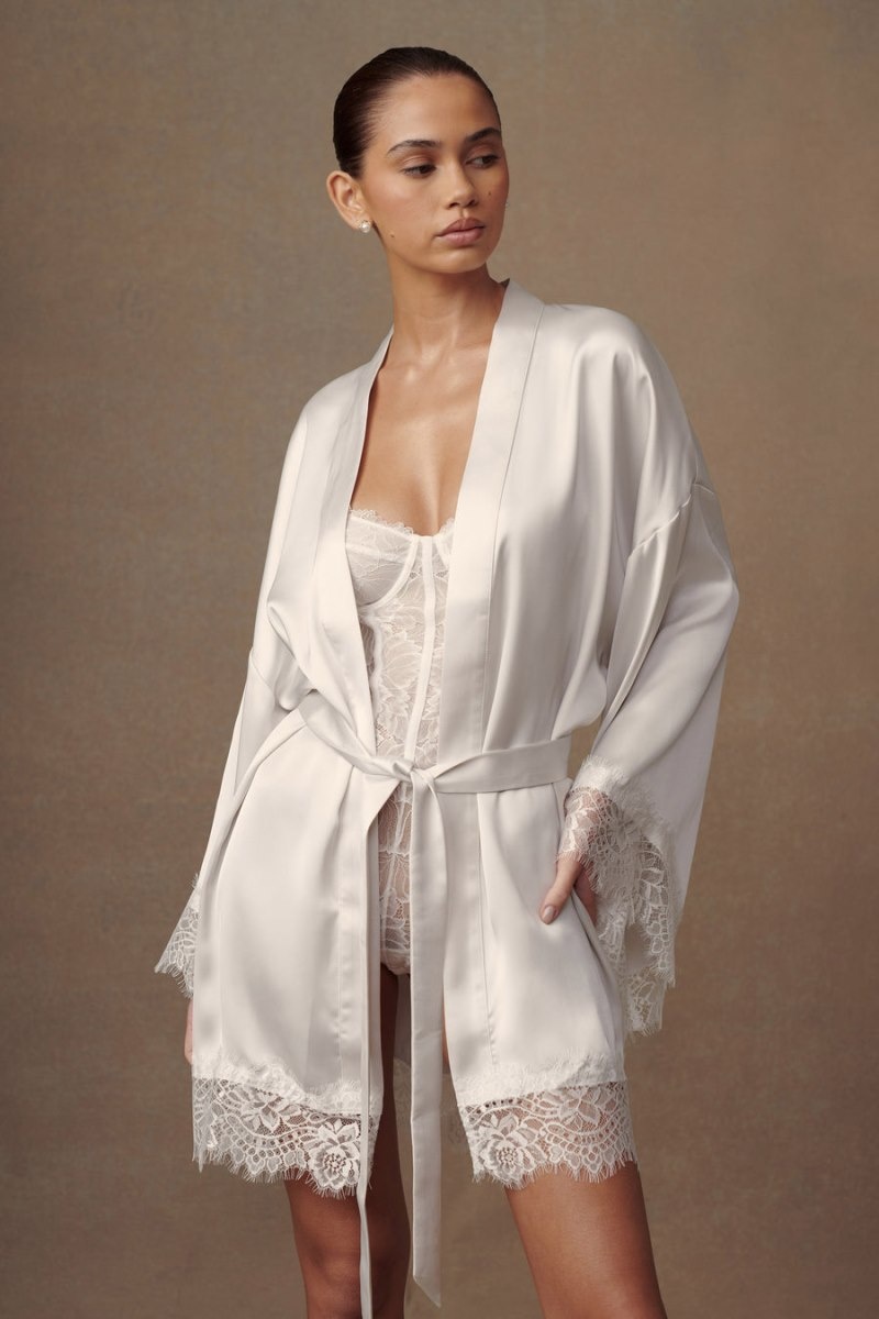 Women's Meshki Annabeth Lace Trim Bridal Robe White Australia | X0P-5787