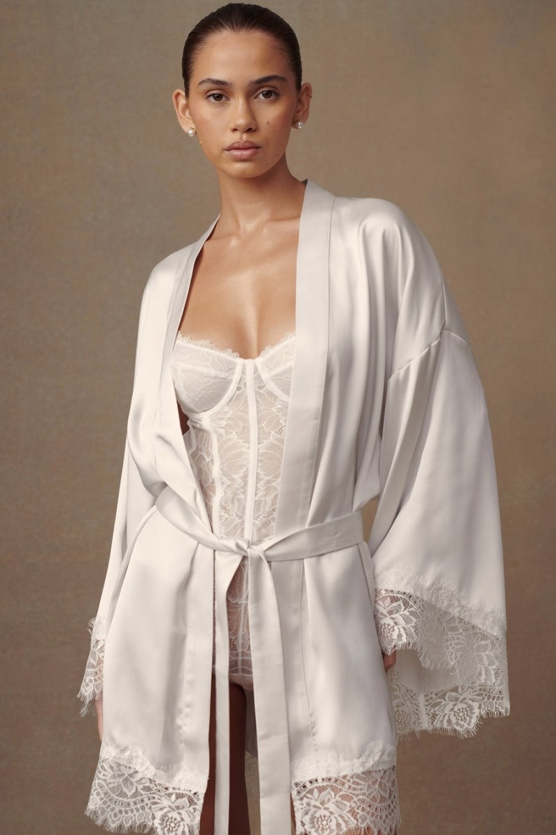 Women's Meshki Annabeth Lace Trim Bridal Robe White Australia | X0P-5787