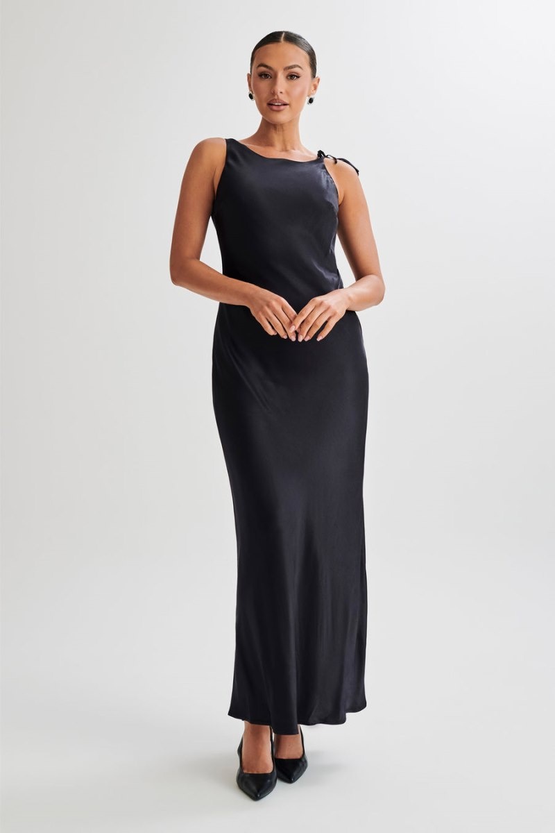 Women's Meshki Annalise Satin Tie Maxi Dress Black Australia | H5Y-4364