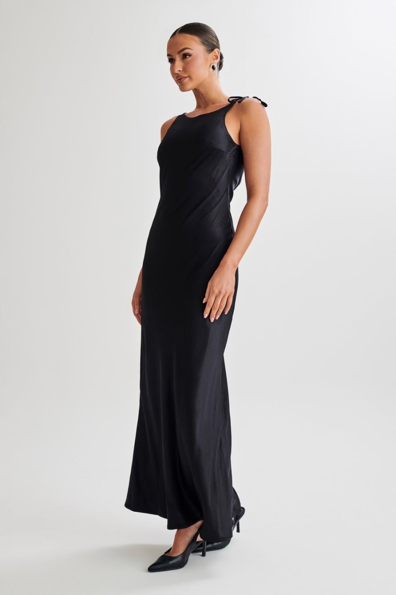 Women's Meshki Annalise Satin Tie Maxi Dress Black Australia | H5Y-4364