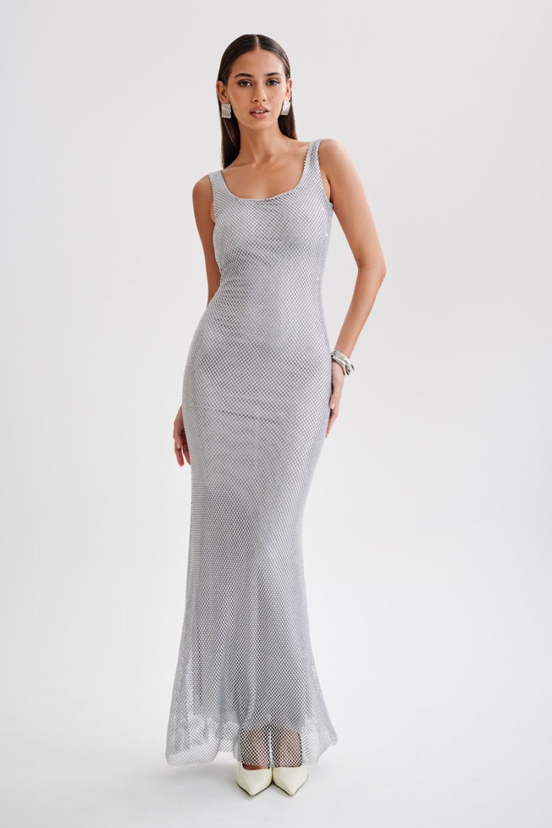 Women's Meshki Annika Diamante Mesh Maxi Dress Silver Australia | P0N-4444